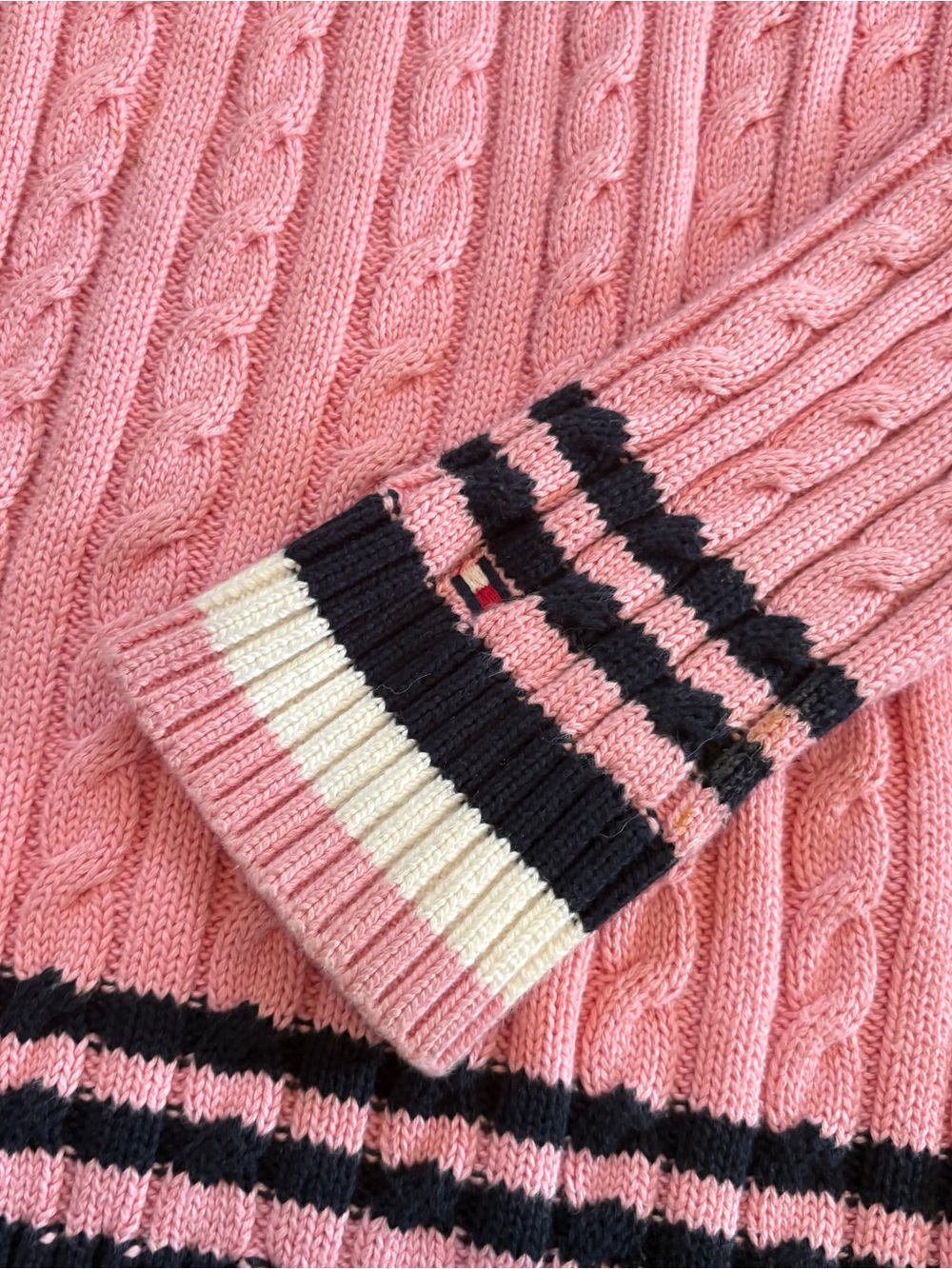 Tommy Hilfiger Pink Cable-Knit Crewneck Sweater with Navy & White Trim - Picture 2 of 6
